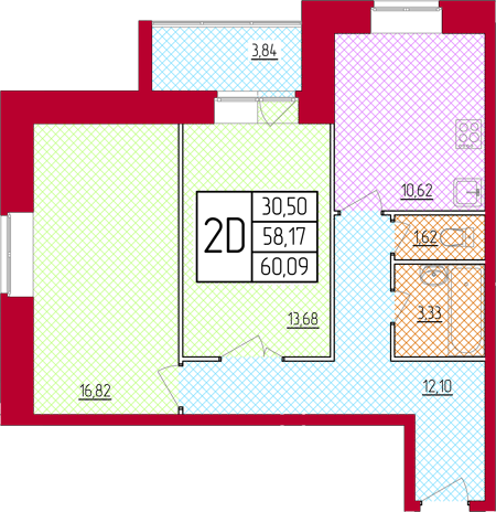 Планировка квартиры типа '2D-1' в новостройке по адресу Ул. Чайковского, участок 20