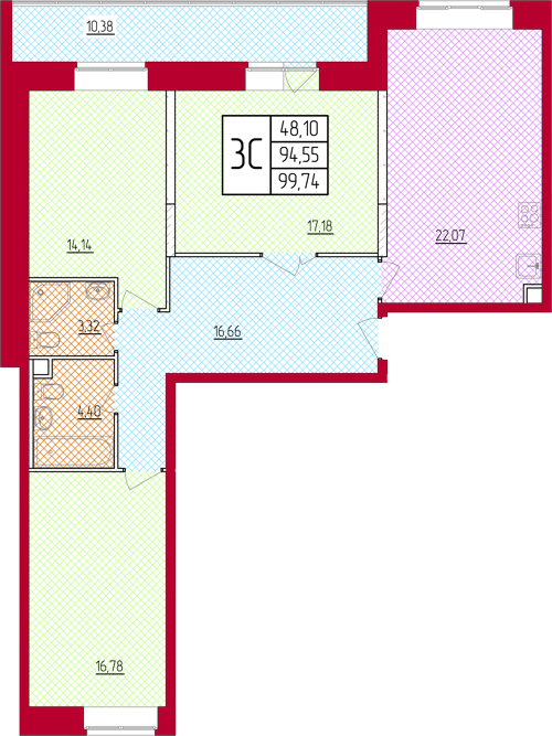Планировка квартиры типа '3C-2' в новостройке по адресу Ул. Чайковского, участок 20