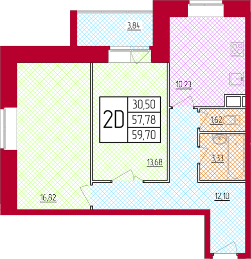 Планировка квартиры типа '2D-2' в новостройке по адресу Ул. Чайковского, участок 20