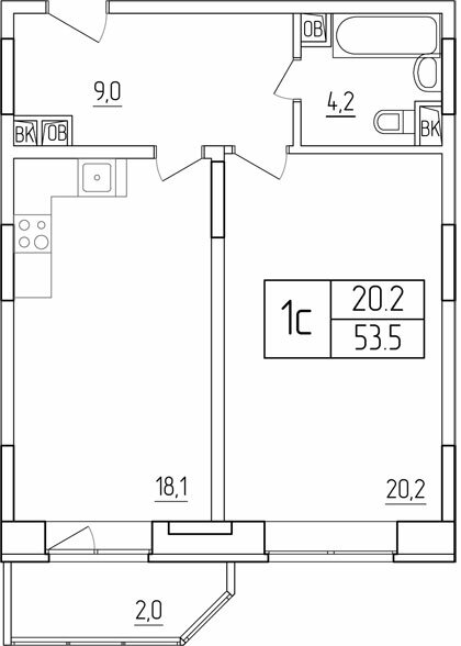 Планировка квартиры типа '1С' в новостройке по адресу Проспект Красной Армии, дом 251а (2-я очередь)