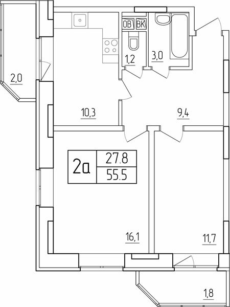 Планировка квартиры типа '2А' в новостройке по адресу Проспект Красной Армии, дом 251а (2-я очередь)