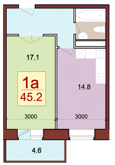 Планировка квартиры типа '1A' в новостройке по адресу Набережная, в районе дома 3