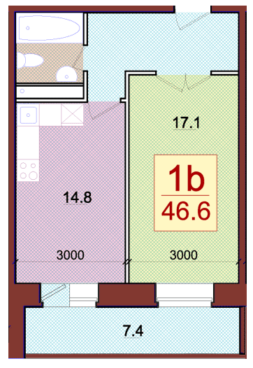 Планировка квартиры типа '1B' в новостройке по адресу Набережная, в районе дома 3