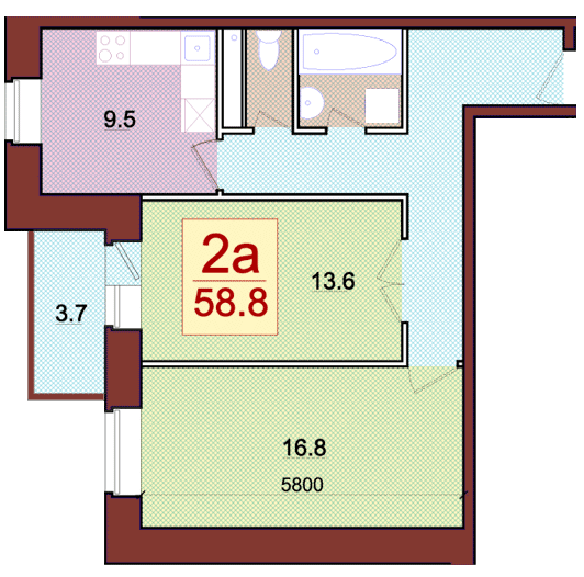 Планировка квартиры типа '2A' в новостройке по адресу Набережная, в районе дома 3