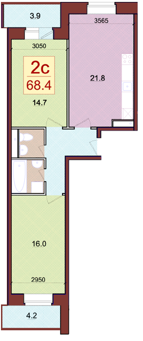 Планировка квартиры типа '2C' в новостройке по адресу Набережная, в районе дома 3