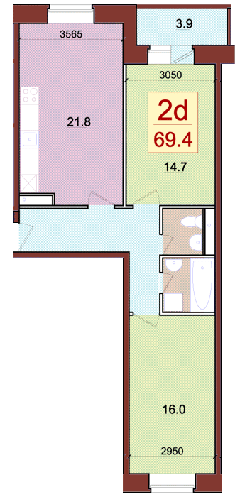 Планировка квартиры типа '2D' в новостройке по адресу Набережная, в районе дома 3