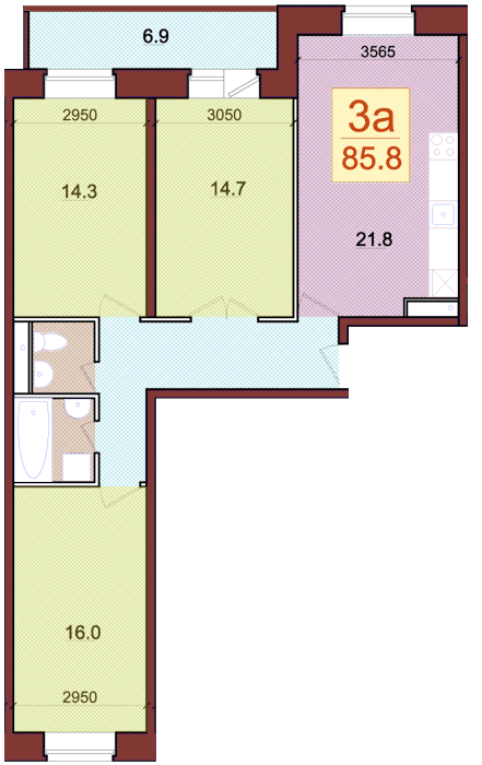Планировка квартиры типа '3A' в новостройке по адресу Набережная, в районе дома 3