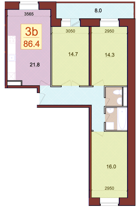 Планировка квартиры типа '3B' в новостройке по адресу Набережная, в районе дома 3