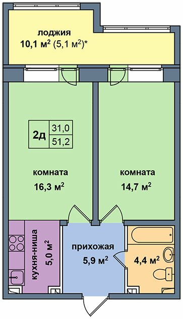 Планировка квартиры типа '2Д' в новостройке по адресу Дом №11