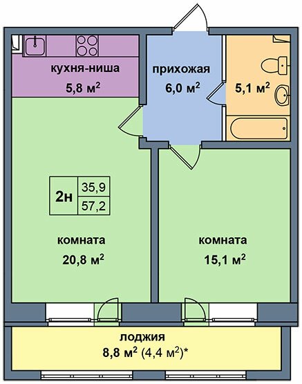 Планировка квартиры типа '2Н' в новостройке по адресу Дом №11