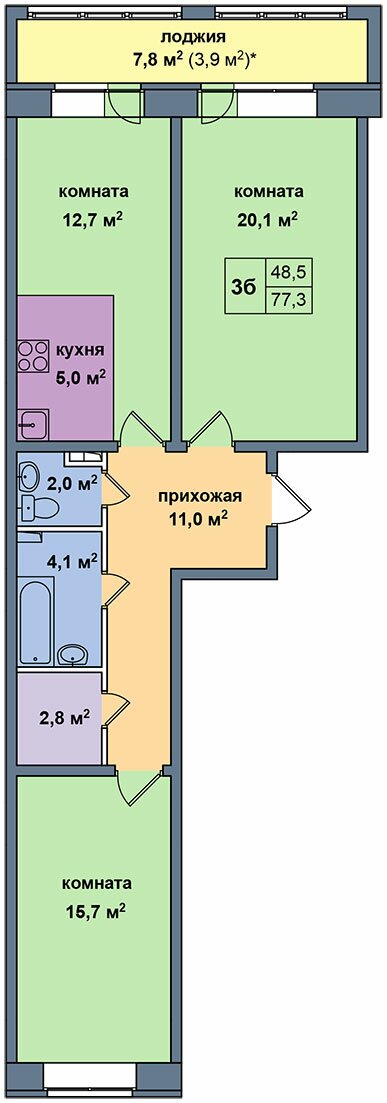 Планировка квартиры типа '3Б' в новостройке по адресу Дом №31